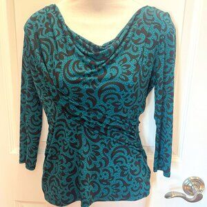 New York & Company Green Black Cowl Draped Top Blouse XS